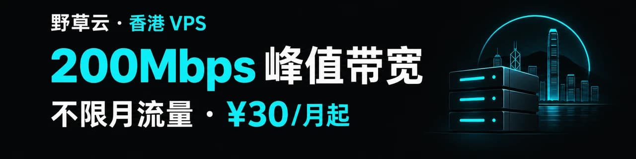 野草云：香港200Mbps峰值带宽，不限月流量，30元每月起